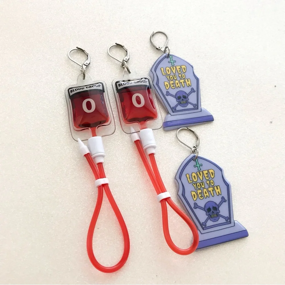 🆕 Blood Bag Type O and Tombstone Loved You To Death Earrings - Picture 2 of 4